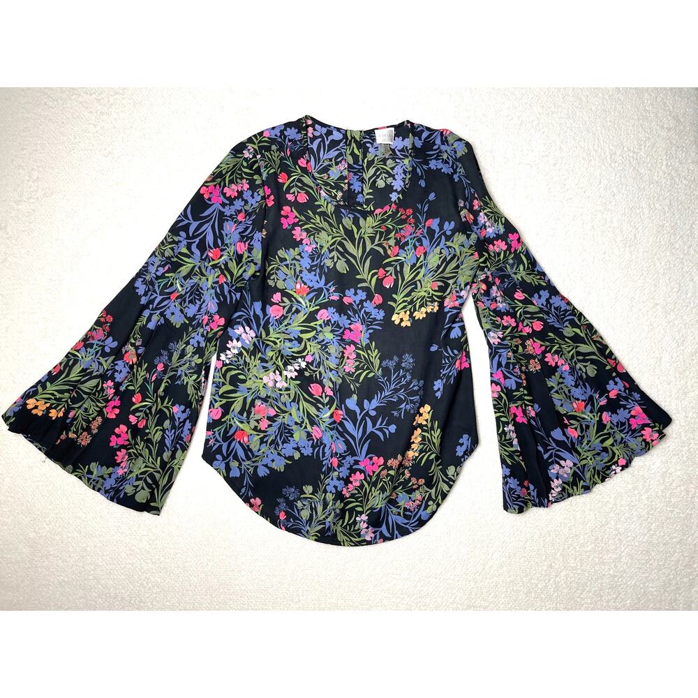 Cupio Women's Botanical Floral Bell Sleeve Feminine Fairy Whimsical Top Black M